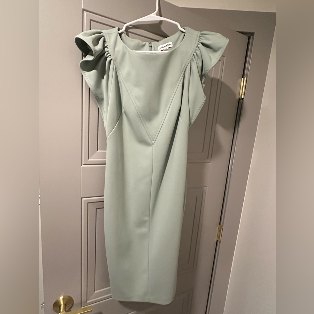 Calvin Klein sage green flutter sleeve crepe sheath dress